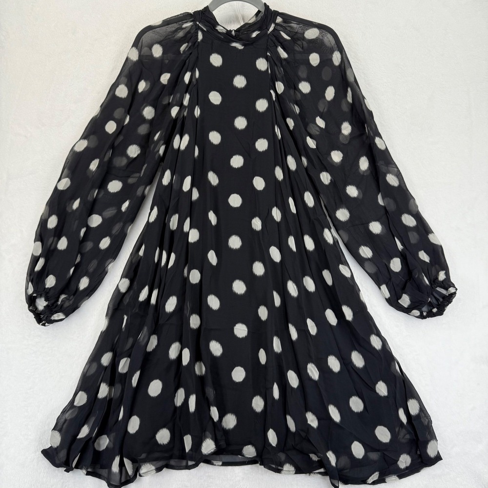 Maeve Anthropologie Dress Small Black White Polka Dot Long Sleeve Tie Back